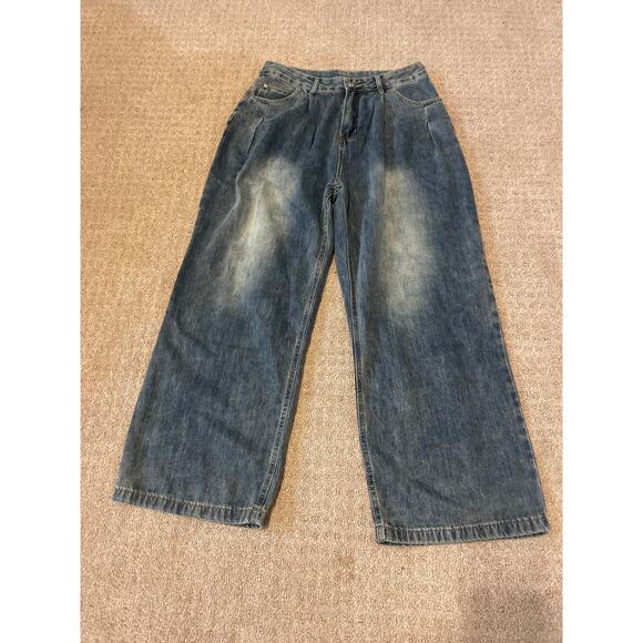 Boutique Medium Denim Wash High Waist Pleated Wide Leg Jeans - Picture 1 of 5